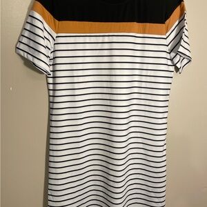 Boutique Striped Midi Dress with Mustard Accent